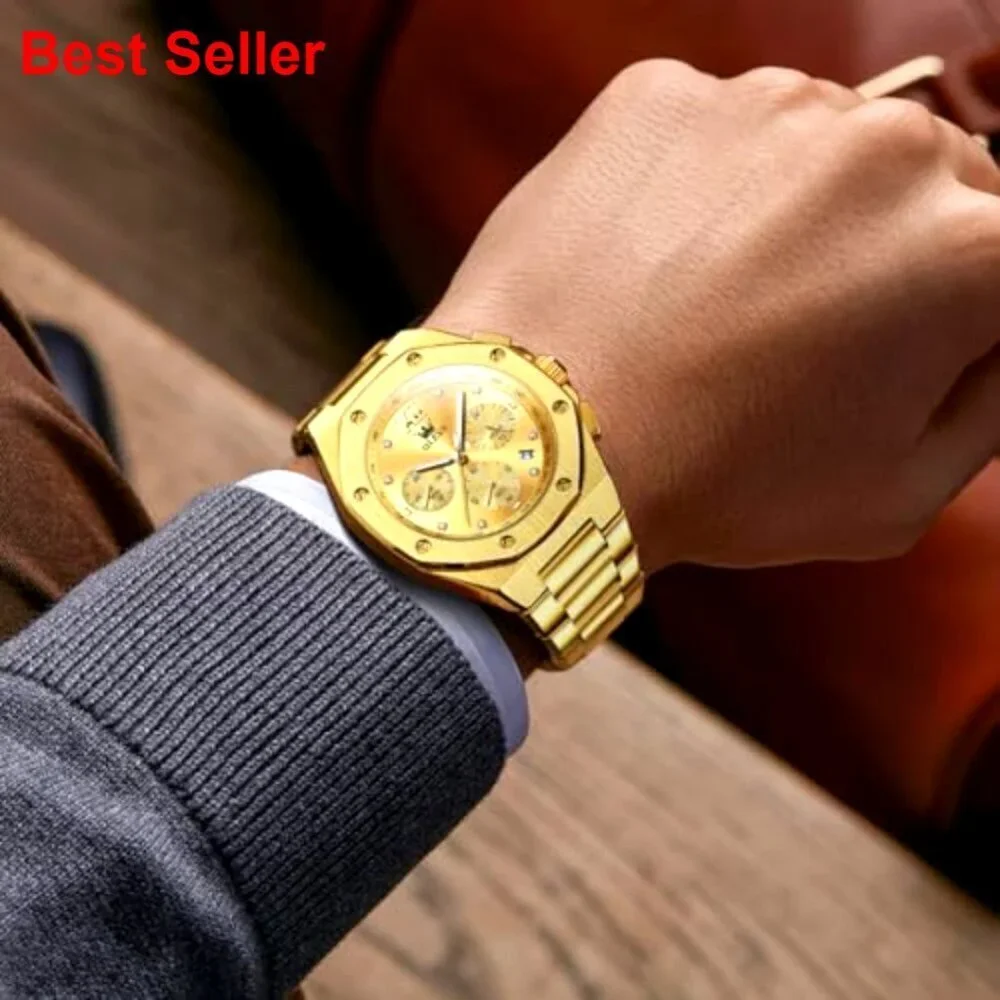Stainless Steel Analog Chronograph Watch with Date Display and Luminous Hands